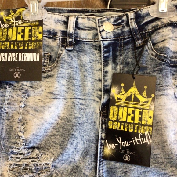 Elite Jeans Queen Collection High Rise Distressed Denim Bermuda Shorts Size 9 - Picture 13 of 14